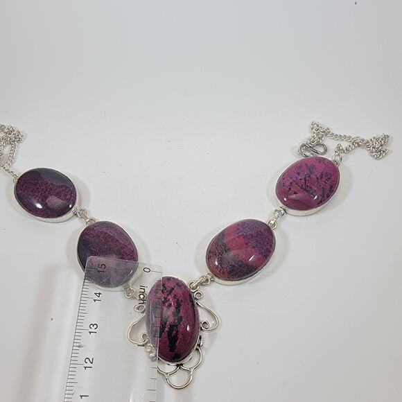 Handmade Rhodonite Gemstone Necklace Sterling Silver Elegant Purple Pink Jewelry - Picture 4 of 10